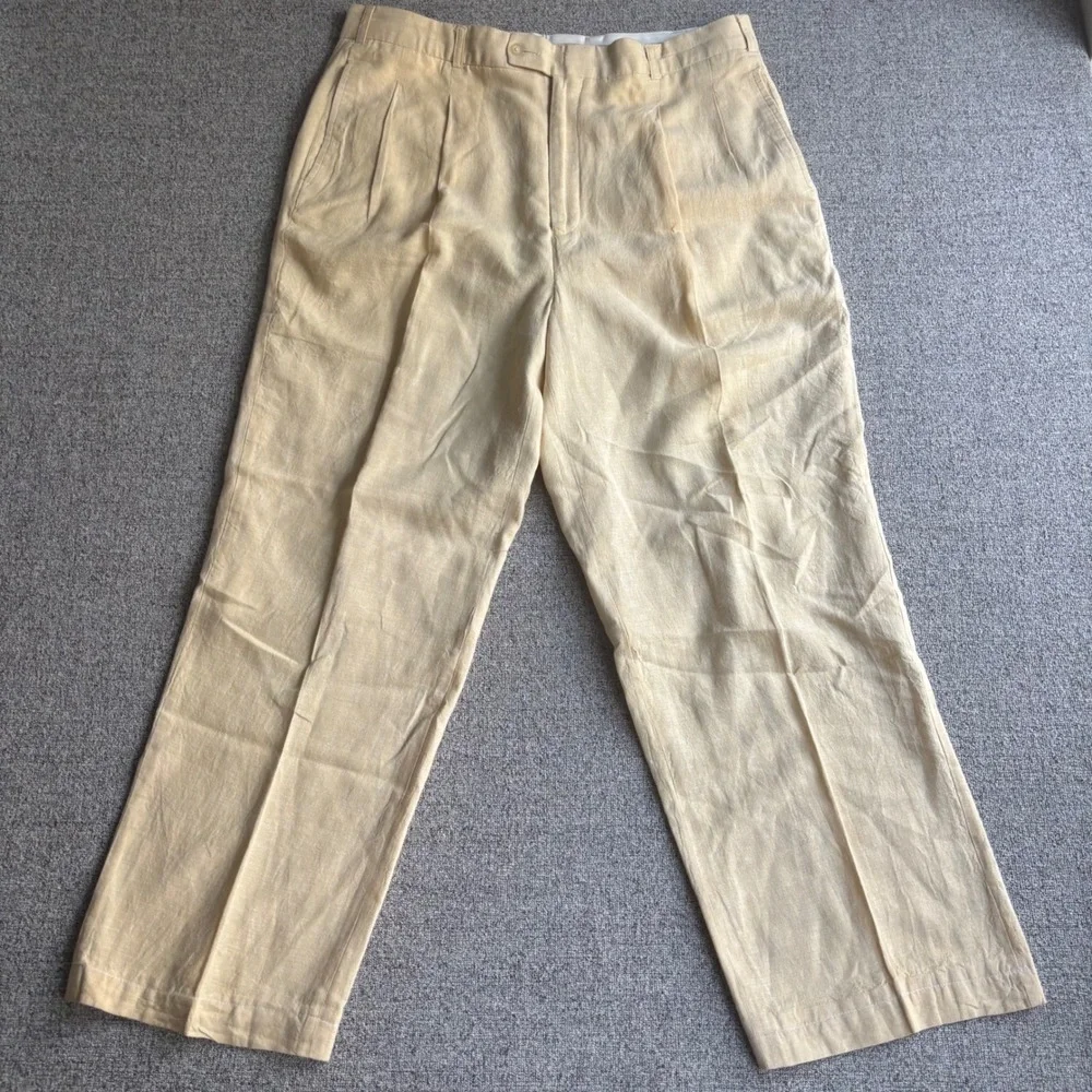 Maxini Linen Pants Mens 36 Pleated Yellow Straight Leg Dress Trousers